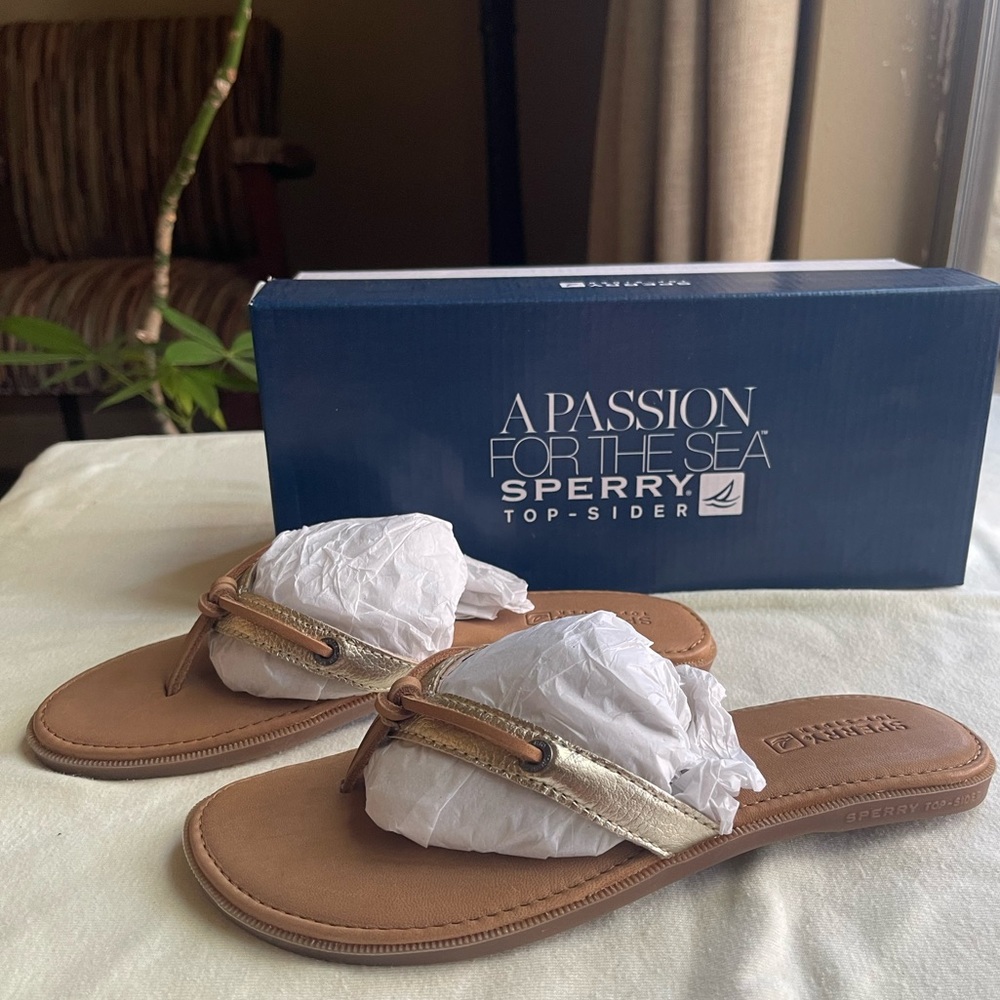SPERRY sandals NEW! Size 5.5 leather tan brown gold